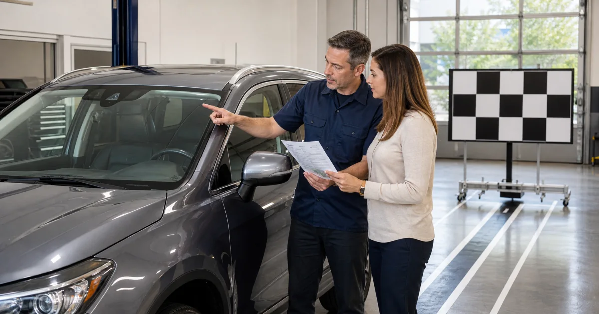 Auto technician and vehicle owner review ADAS camera calibration beside a gray crossover and a checkerboard target in a repair bay
