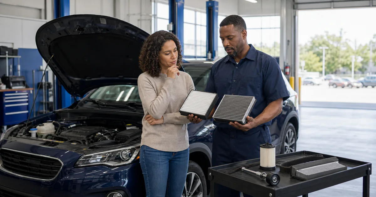 Vehicle owner and technician comparing unbranded replacement air filters beside an open car hood