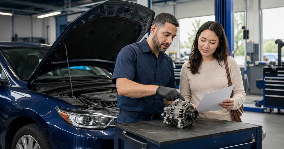 Vehicle owner and technician reviewing a removed alternator and repair estimate beside an open car hood