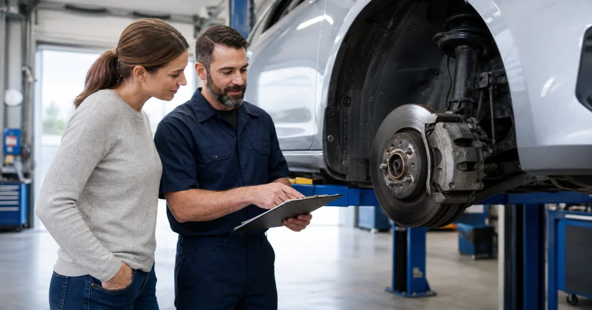 Vehicle owner and technician reviewing a brake inspection beside a wheel with the tire removed