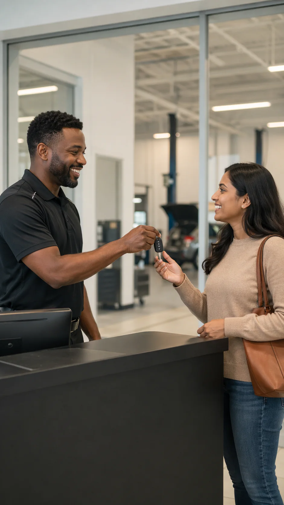 Service advisor handing keys to a customer