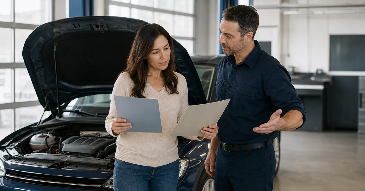 Driver comparing two blank coverage documents with a service advisor beside a car with its hood open