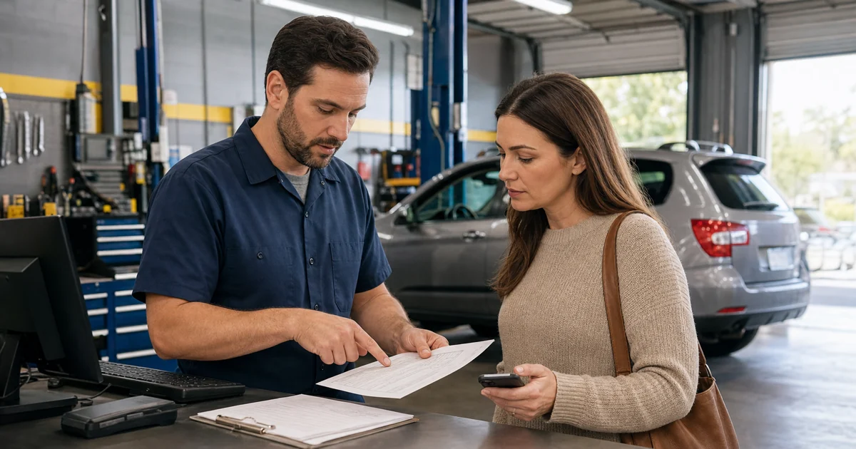 Vehicle owner and service advisor reviewing an itemized repair estimate at an auto repair shop counter