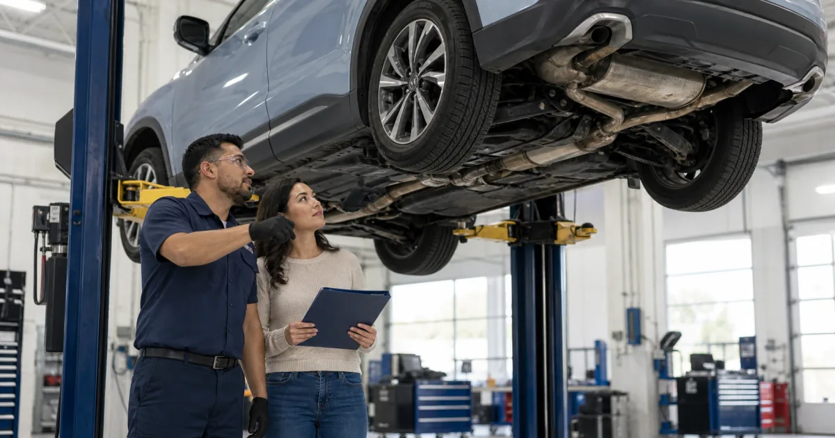 Vehicle owner and technician inspecting the catalytic converter area beneath a car on a professional lift