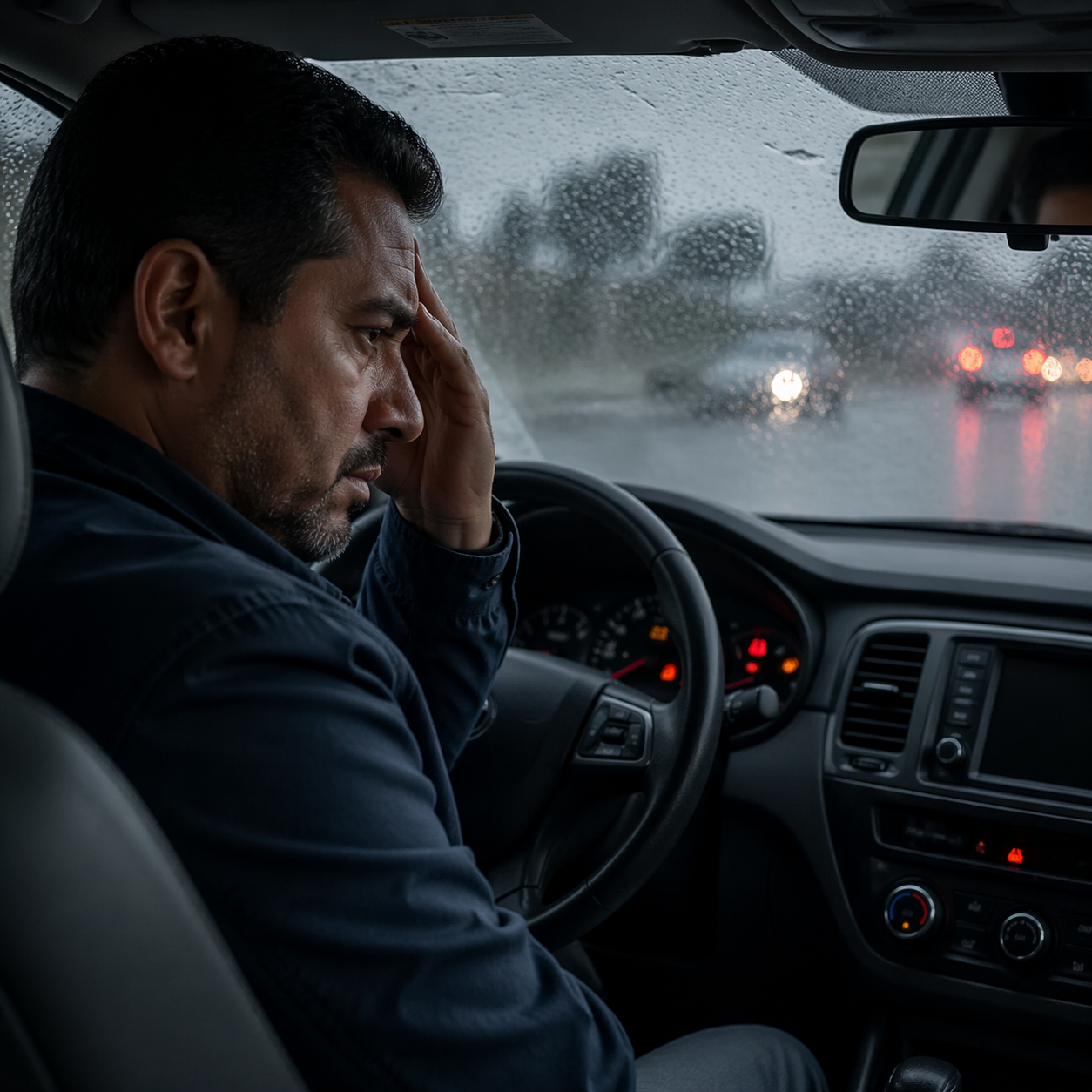Driver looking stressed in traffic after a dashboard warning