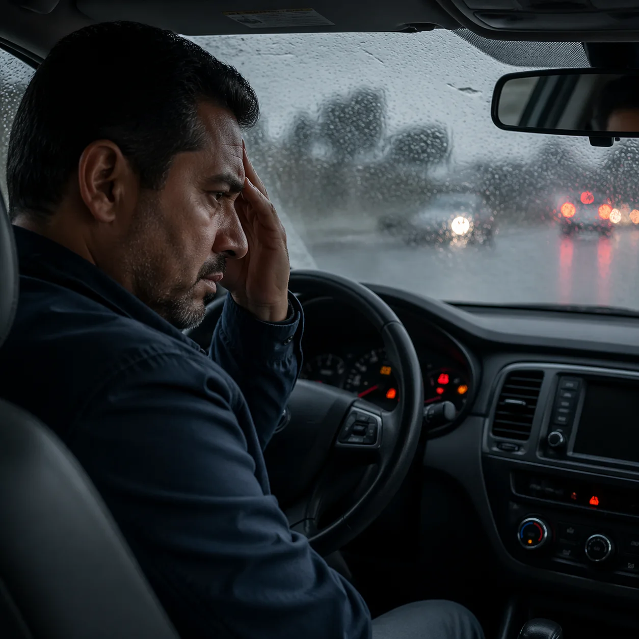 Driver looking stressed in traffic after a dashboard warning