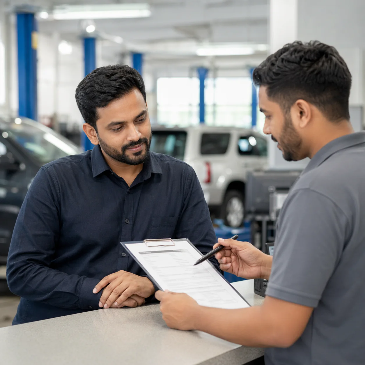 Customer discussing coverage details with a service advisor