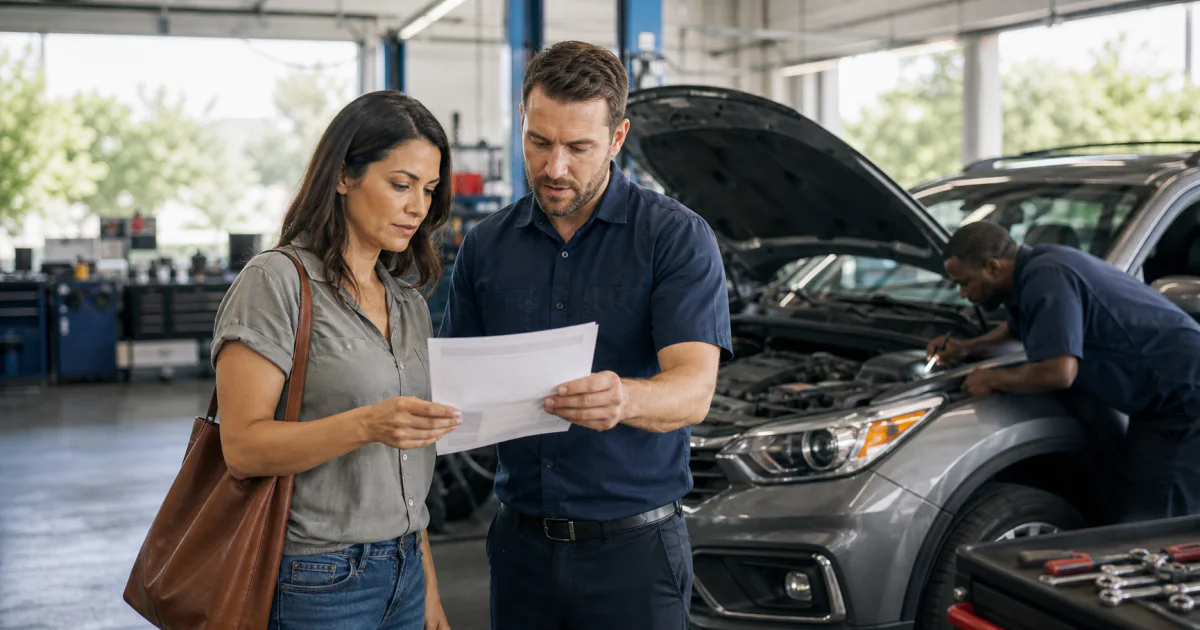 Vehicle owner and service advisor reviewing a repair estimate while a technician diagnoses the car