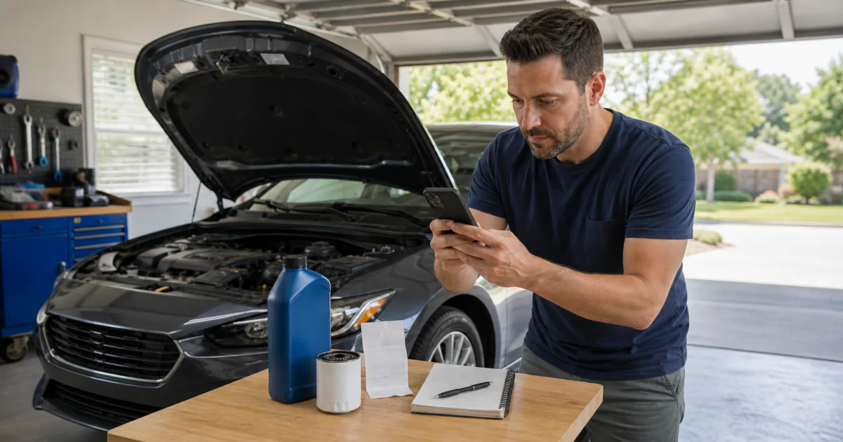 Vehicle owner photographing an oil bottle, filter, receipt, and maintenance notebook beside a car