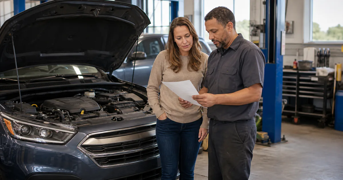 Vehicle owner and technician reviewing an engine repair estimate beside an open hood
