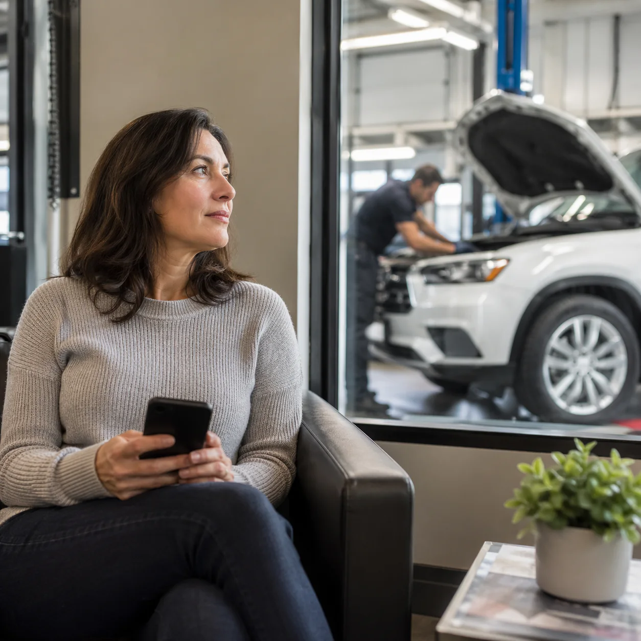 Customer watching a white SUV being serviced