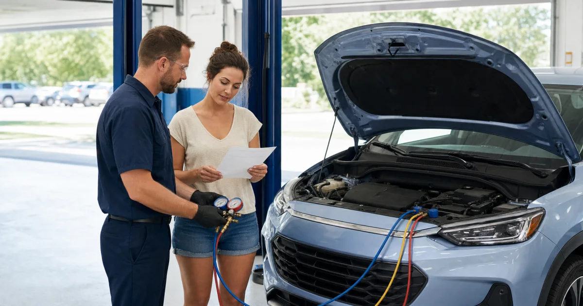 Vehicle owner reviewing an air-conditioning repair estimate while a technician diagnoses the system