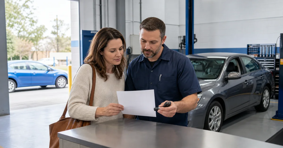 Vehicle owner and service advisor reviewing rental paperwork and a car key at a repair shop