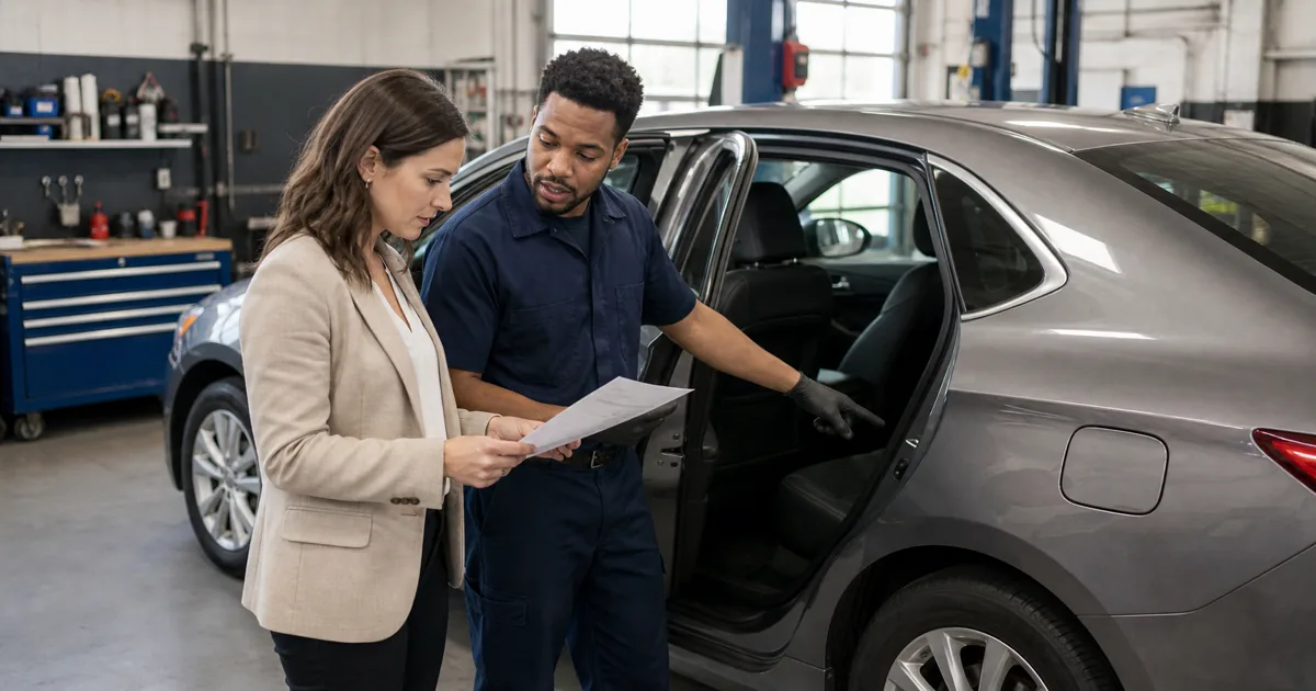 Vehicle owner and technician reviewing a fuel-pump repair estimate beside the rear of a car in a service bay