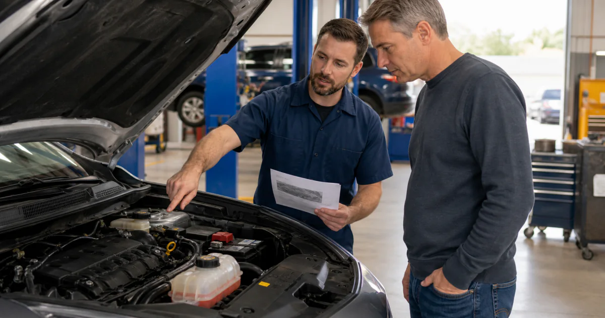 Vehicle owner and technician reviewing a possible head-gasket diagnosis beside an open engine bay