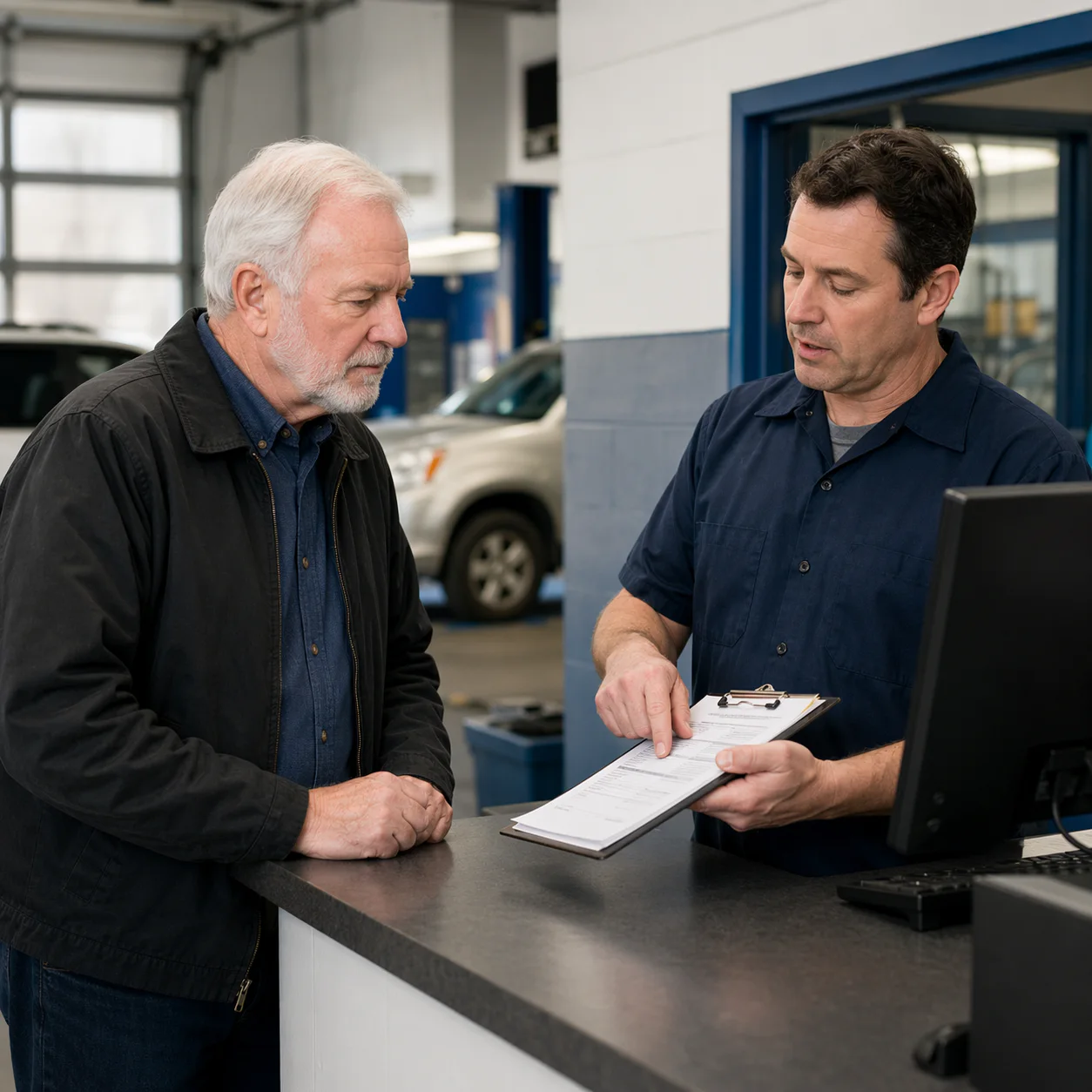 Customer reviewing service paperwork with an advisor