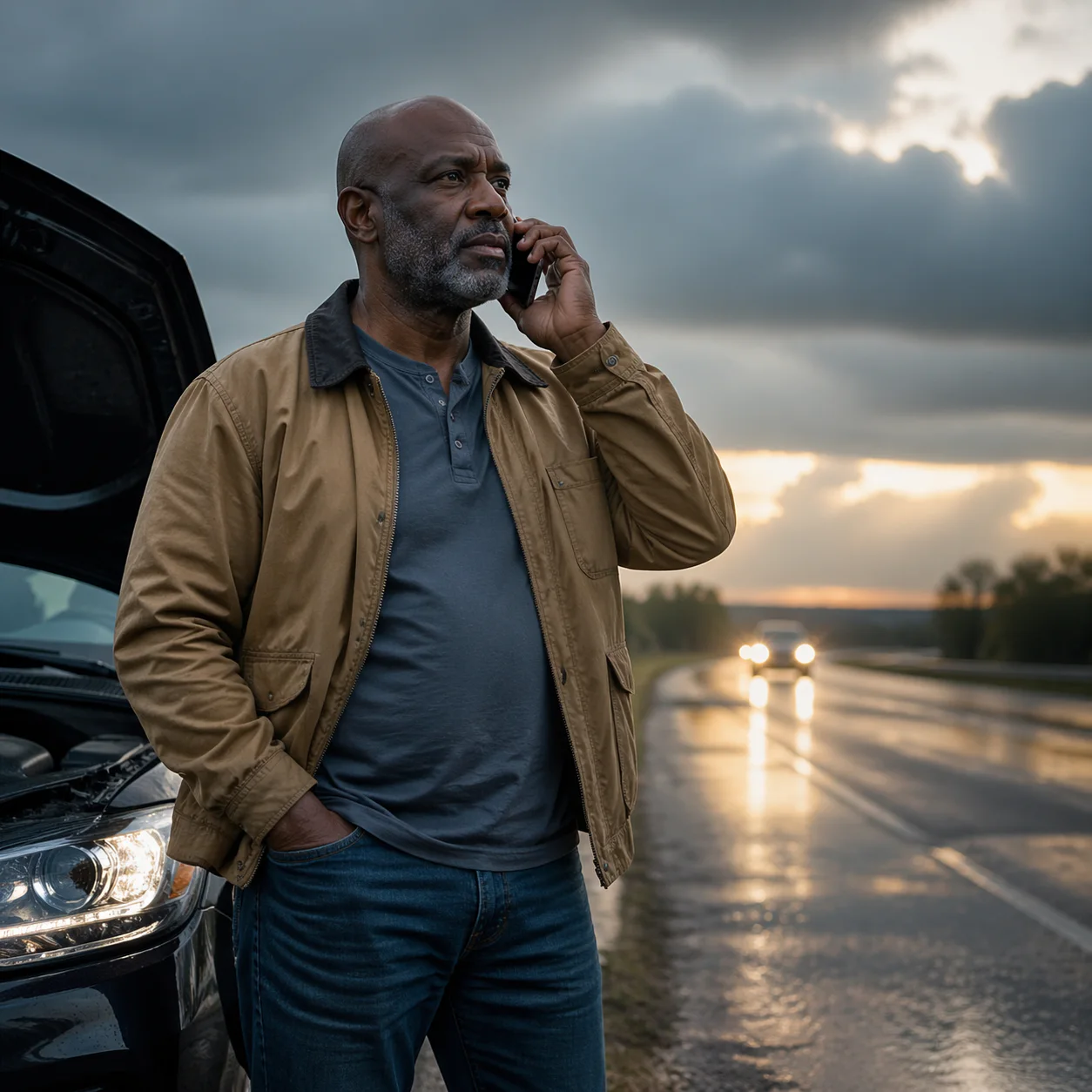Older driver dealing with a roadside breakdown