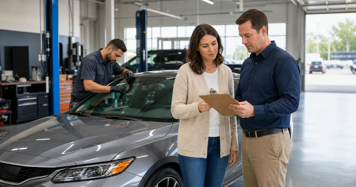 Vehicle owner and service advisor reviewing repair paperwork while a technician checks the car