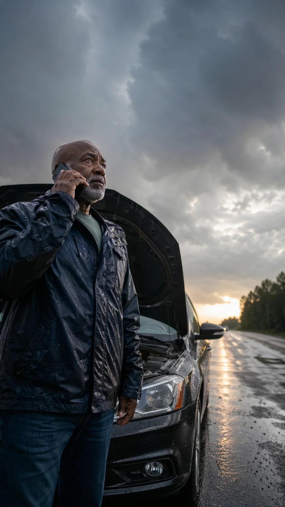 Driver checking a phone during a breakdown
