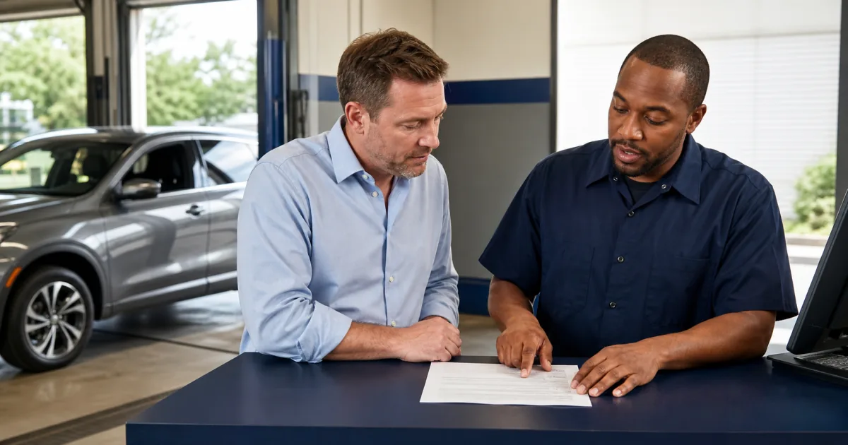 Vehicle owner and service advisor calmly compare a repair estimate with a service contract authorization at an auto shop counter