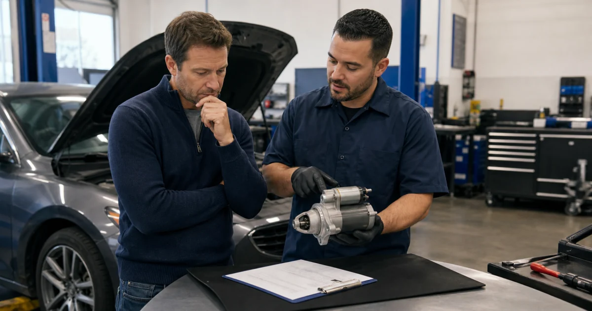 Vehicle owner and technician reviewing a starter motor before authorizing a repair