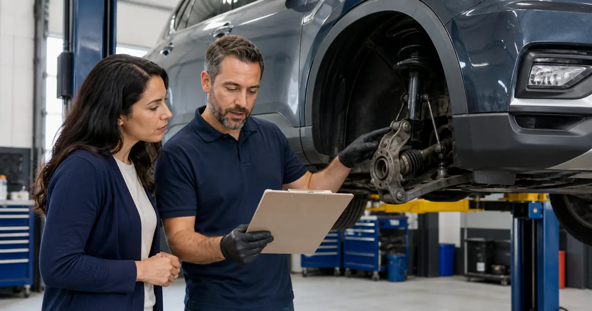 Vehicle owner and technician reviewing suspension components during a repair-shop inspection