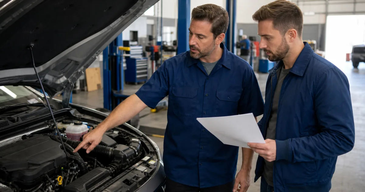 Vehicle owner and technician reviewing a possible timing-chain repair beside an open hood