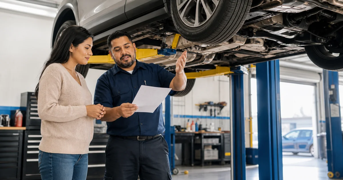 Vehicle owner and technician reviewing a transmission repair estimate beneath a car on a lift