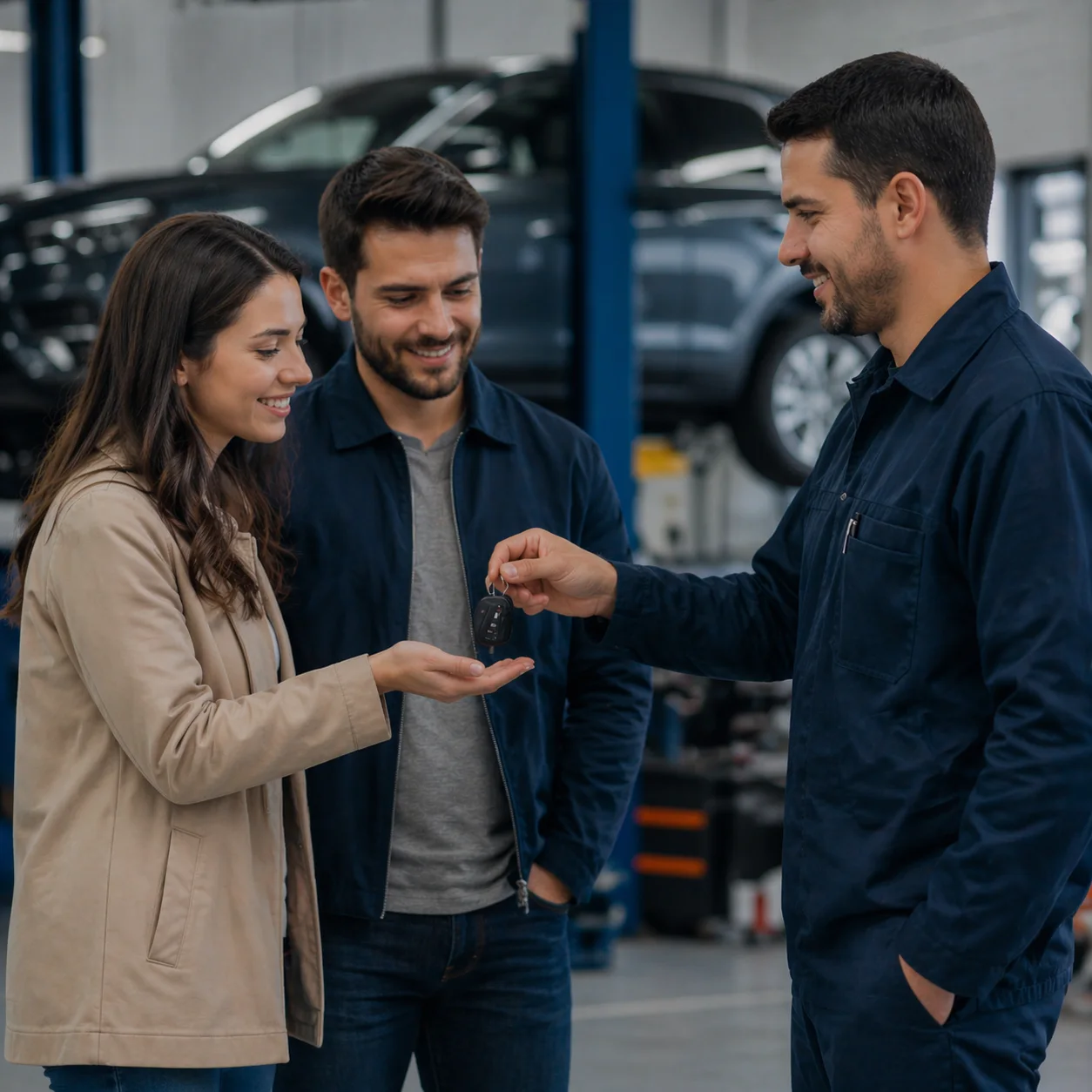 Couple receiving keys at a repair shop