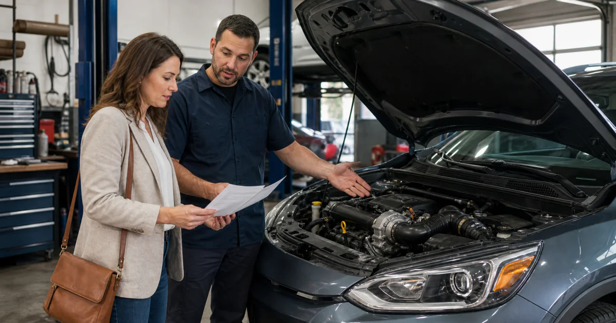 Vehicle owner and technician reviewing a turbocharger diagnosis beside an open engine bay