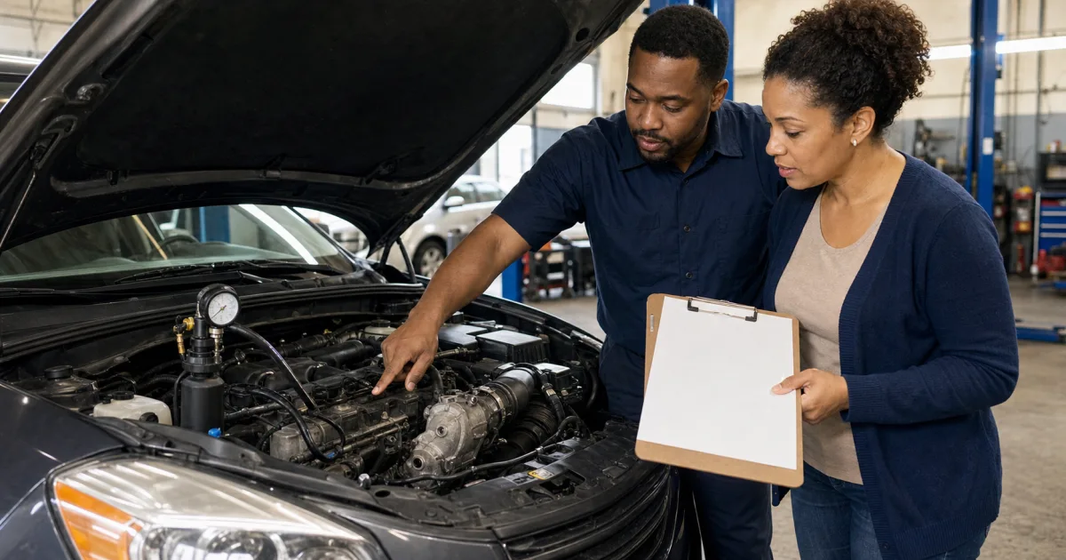 Vehicle owner and technician reviewing a cooling-system pressure test beside an open hood