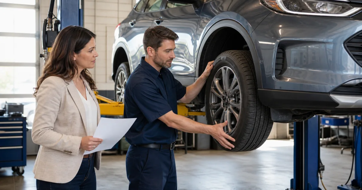 Vehicle owner and technician checking a front wheel for play on a shop lift before reviewing repair coverage