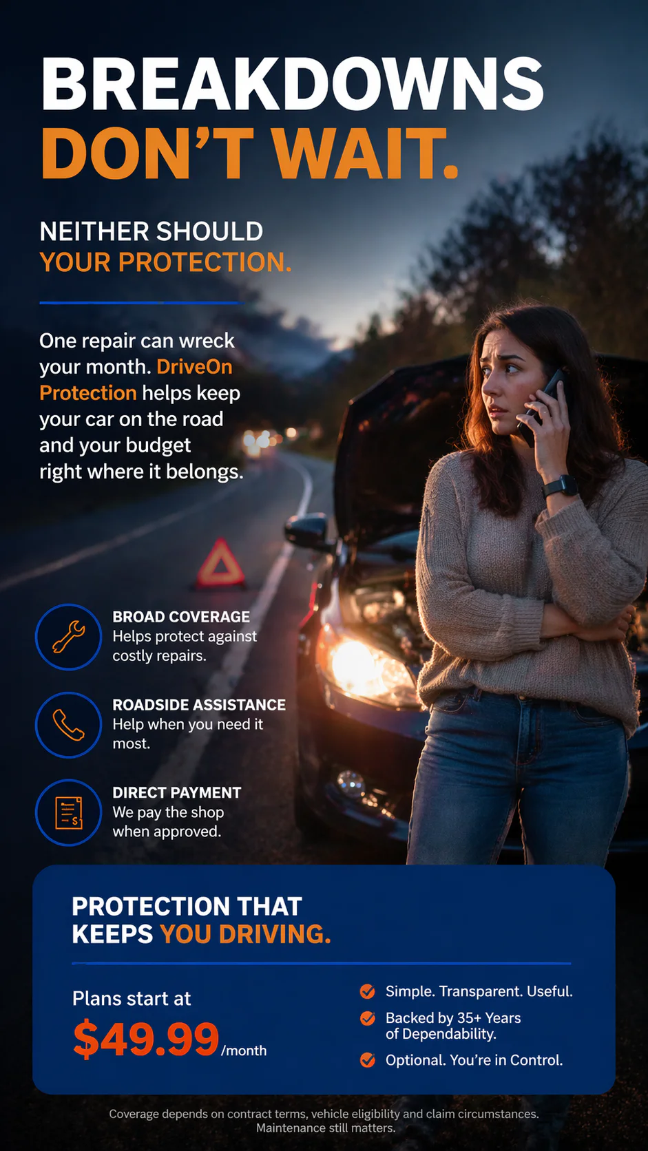 DriveOn protection message beside a roadside breakdown scene