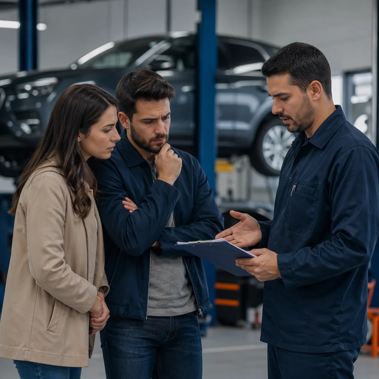 A couple asking a service advisor detailed questions about repair coverage