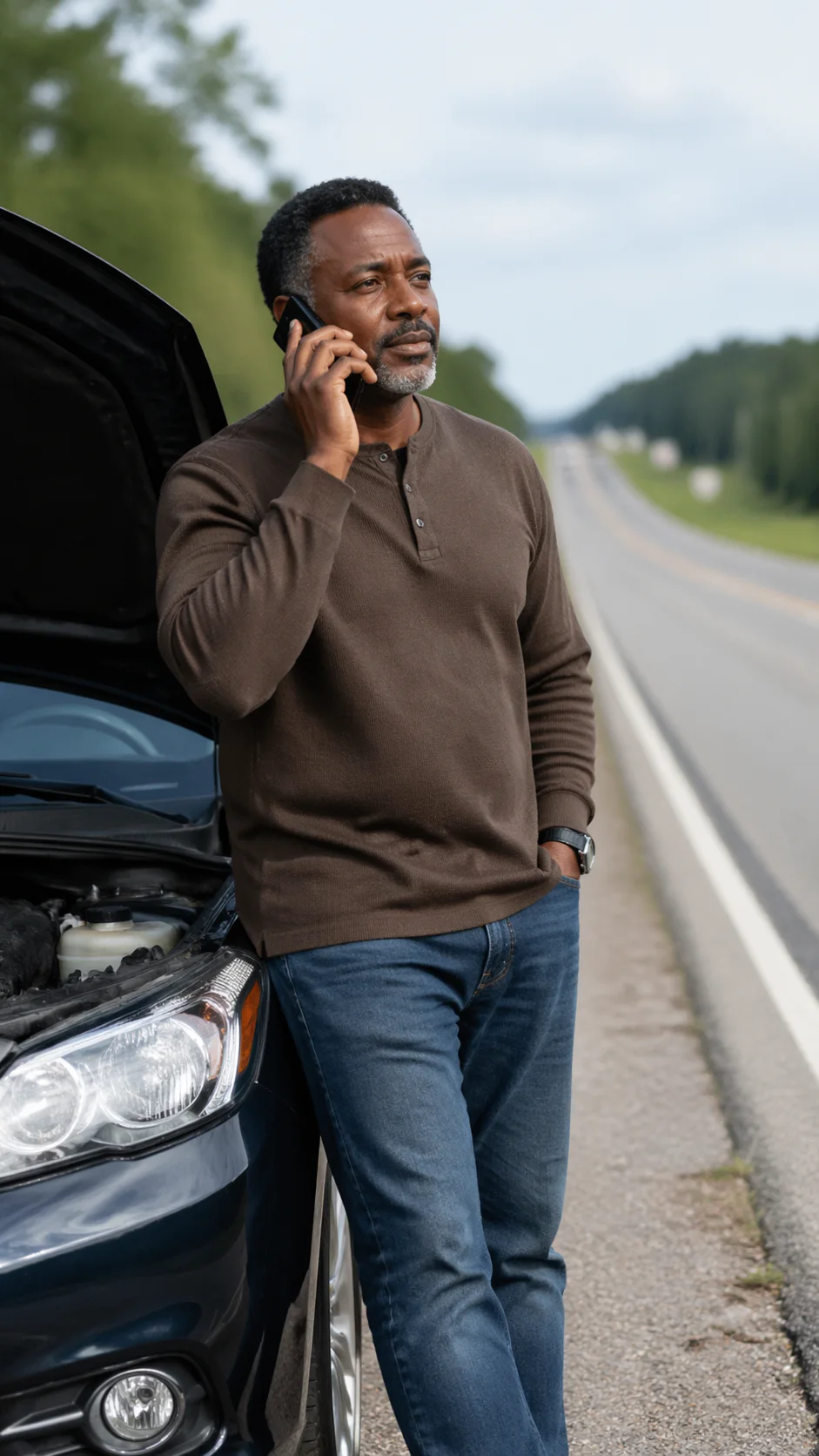 Driver making a phone call beside a vehicle during a roadside breakdown