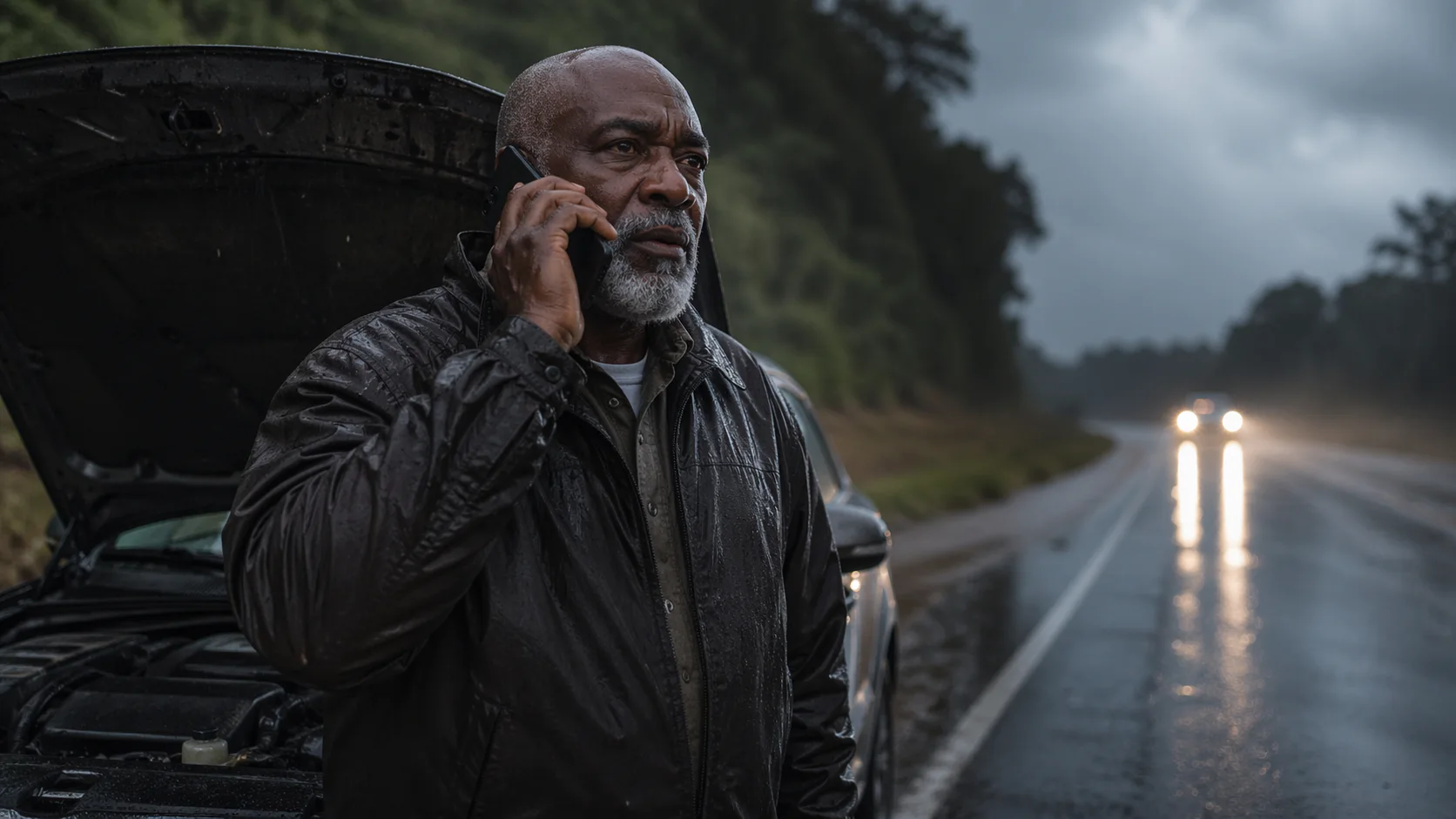 Driver making a phone call during a rainy roadside breakdown