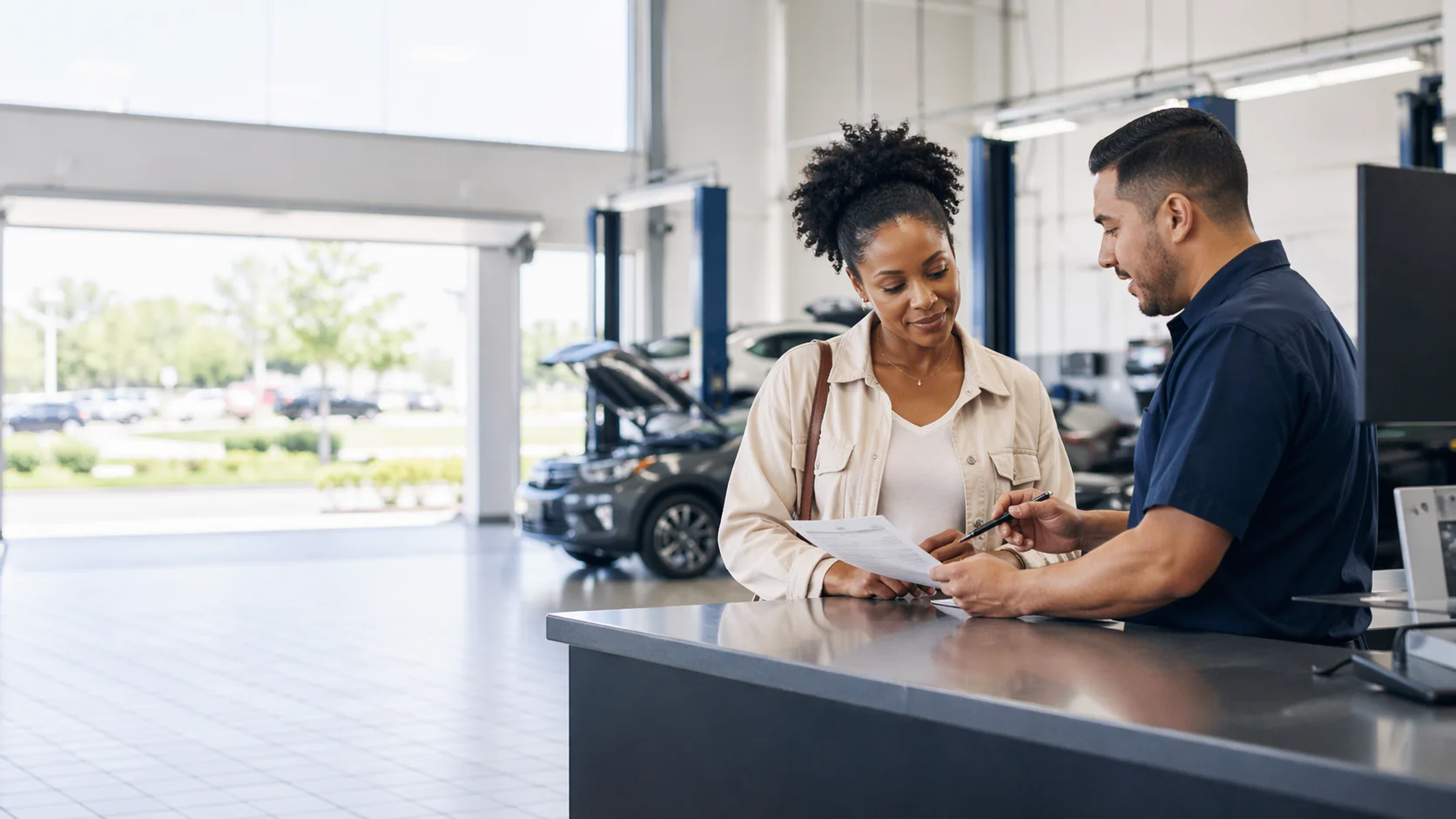 Customer and service advisor reviewing the numbers on repair paperwork