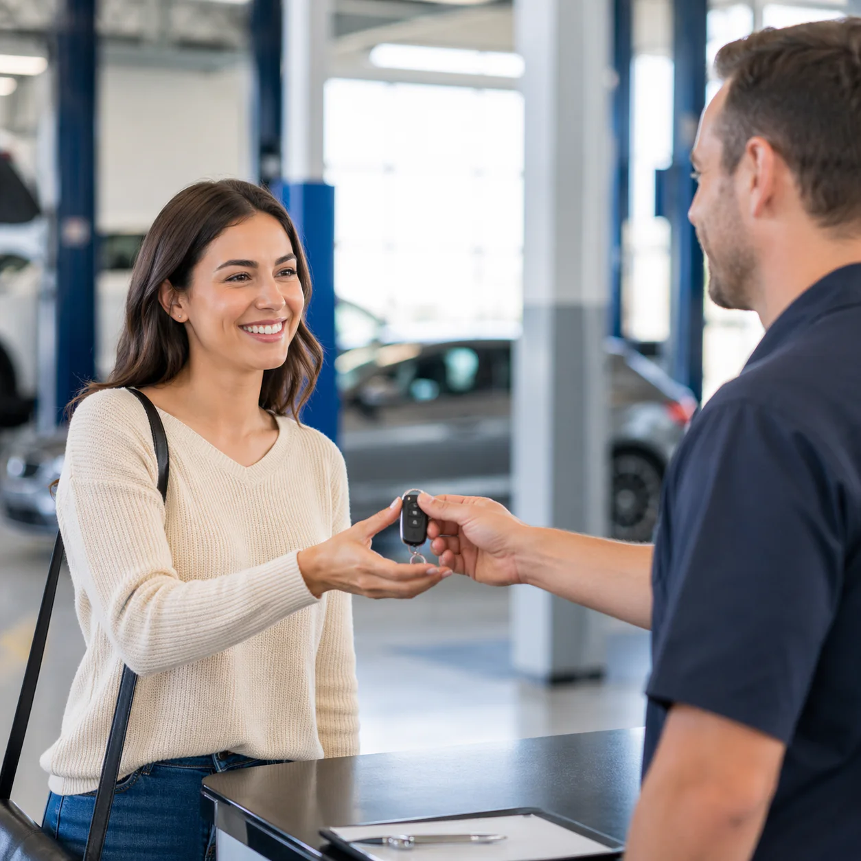 Customer receiving vehicle keys at a service counter